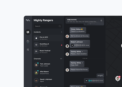 Connnect - Desktop app chat communication dark theme desktop forces map members mission critical saas security ui user interface users voice note