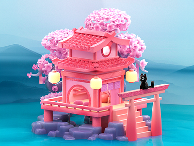 Mini japanese house 3d asian c4d cat cute glitter gradient illustration japanese octane pastels sakura tree temple tori