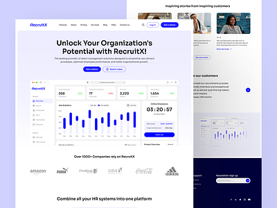 RecruitX - HR Management SaaS Website analysis automation financial hiring homepage hub job portal landingpage management marketing pages recruiting recruitment agency saas saas design search talent top talents ui ux sass verification website design