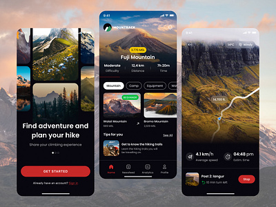 Hiking Guide Mobile App adventure dark mode design guide hiking image mountain track tracking ui ui design uiux user experience user interface ux ux design