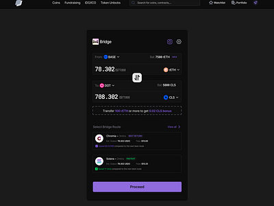 Fluid Cross-Chain Bridge Interface: Dark Mode blockchain bridge ui web3