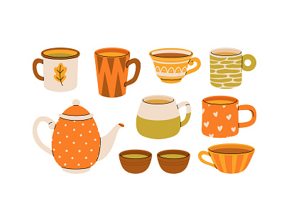 Autumn tea set autumn cartoon concept cup cute design flat illustration mug pot tea vector