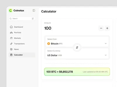 Coinstax: Crypto Exchange Rate Calculator blockchain dashboard clean crypto calculator crypto converter crypto dashboard crypto exchange cryptocurrency converter exchange rate calculator fintech fintech dashboard ui user interface web web app design web3 web3 dashboard