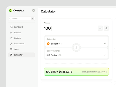 Coinstax | Crypto Exchange Rate Calculator blockchain dashboard clean crypto calculator crypto converter crypto dashboard crypto exchange cryptocurrency converter exchange rate calculator fintech fintech dashboard ui user interface web web app design web3 web3 dashboard