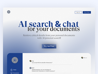 AI Documents Chat | Landing Page ai ai bot ai chat desktop fancy graphic design hero section landing page light light mode minimal saas saas landing page ui ui design ui ux visual design web design web redesign web3