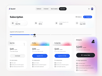 Light Subscription page for Quickit UI Kit app dashboard design finance free freebie gradient kit plans profile quickit subscription template theme udix ui ux web white widget