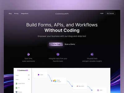 Codeless API | Hero Section Redesign 🔥 ai dark dark mode dark ui desktop fancy graphic design hero sectio landing page no code saas saas ai saas landing page ui ui ux ux visualdesign web design web redesign website redesign