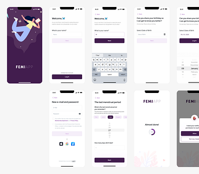 FemiApp app application button figma illus illüstrasyon input loading login mobilapp mobiluı onboarding purple register select splash screen ui uıdesign verify