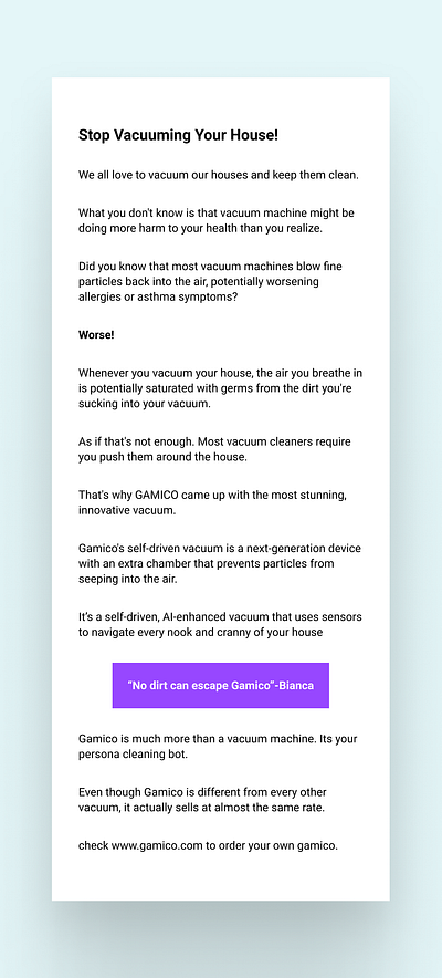 A concept email copy for Gamico Vacuum cleaner copy writing ux