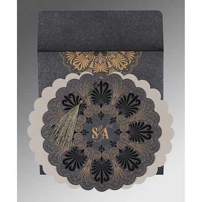 Graphite Grey Shimmery Floral Themed - Embossed Wedding Card indianweddingcards