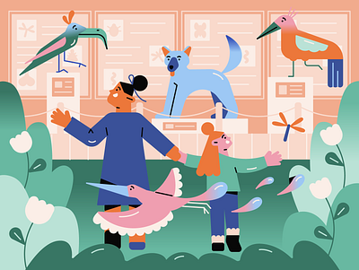 In the museum of nature animals birds character character design children editorial illustration exhibition family gradient illustration illustration 2d minimal art museum museum of nature nature plants scene vector art vector illustration wolf