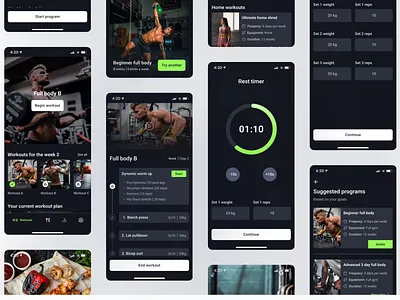 Personal trainer in your pocket, app helping gym goers progress app clean dark fitness green ios mobile design modern ui ux workout