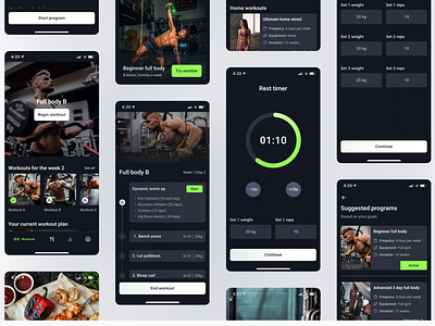 Personal trainer in your pocket, app helping gym goers progress app clean dark fitness green ios mobile design modern ui ux workout