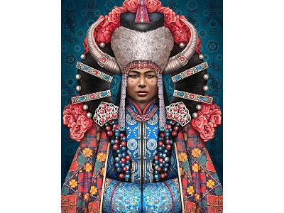 Mongolian Madonna blue celebration culture design digitalart digitaldrawing digitalpainting flowers headdress heritage illustration madonna mongolia muti painting pattern photoshop portrait red woman