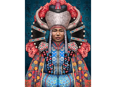 Mongolian Madonna blue celebration culture design digitalart digitaldrawing digitalpainting flowers headdress heritage illustration madonna mongolia muti painting pattern photoshop portrait red woman