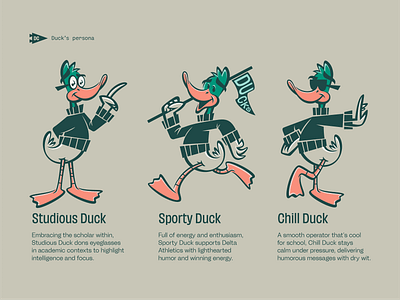 Delta Ducks 08 bird brand guidelines branding character college design duck glasses green identity illustration logo mascot orange pennant retro sports sunglasses tan type