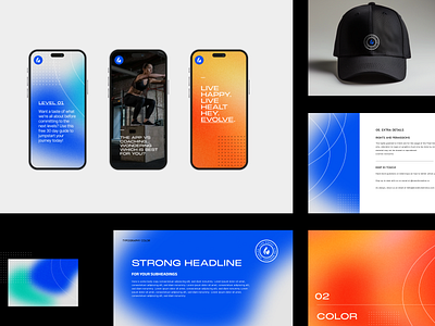 Fitness Brand Visual Identity Design badge blue brand branding cyan design designer fitness gradient graphic design icon identity logo mark noisy orange path typography vector visual