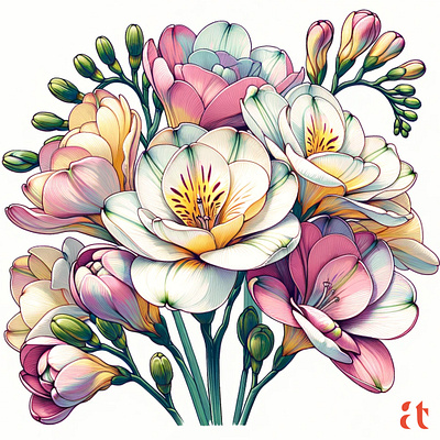 Freesia's Symphony by Aravind Reddy Tarugu aravind art artistry blooms botanical delicate design detailed floral freesia hues illustration nature reddy scents soft gradients symphony tarugu vector vibrant