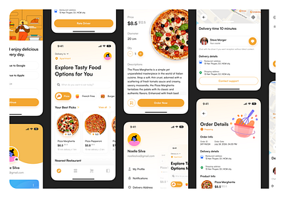 Sparkle Foodies - Food App UI Kits burger clean design clean ui delivery design fast food app food app food delivery food delivery app foodie mobile online food ordering pizza ui ui design ui kit ui kits ux yellow