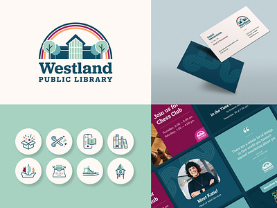 Westland Branding books brand branding business card education graphic design icons instagram librarian library logo michigan nonprofit rainbow scissors shoe social media typewriter vector youth