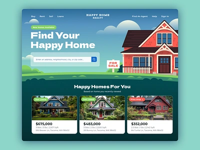 HappyHomes Realty Landing Page building colorful figma home buying homepage homes houses illustration landing page mortgage real estate realty ui ux web design