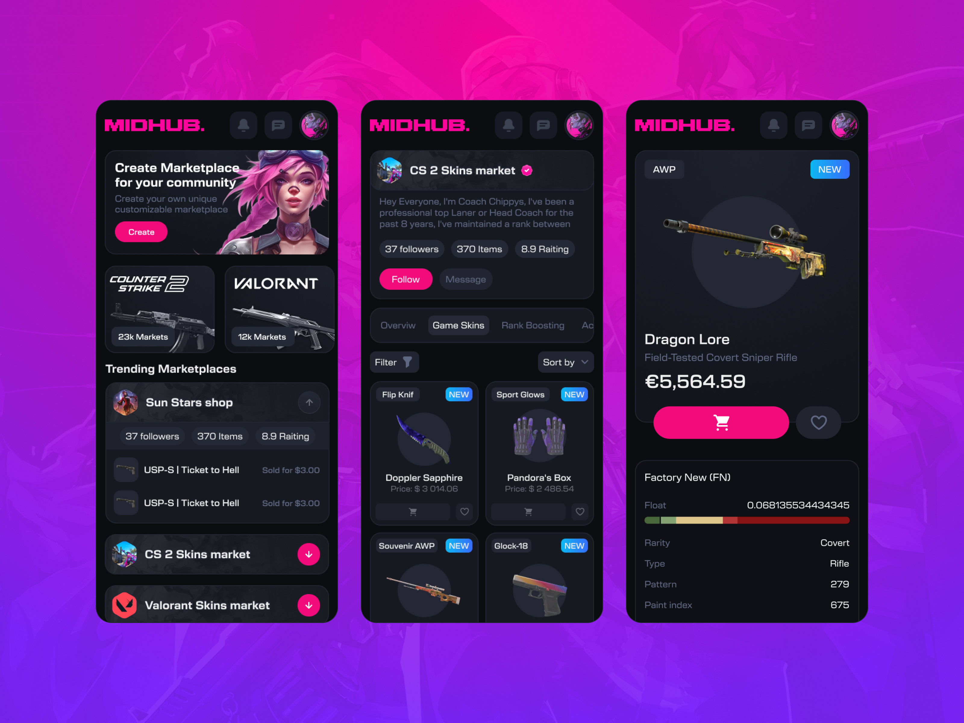 Midhub — Esports Skin Marketplace Mobile UI/UX Design cs2 csgo dark ui esports esports design figma game items gaming marketplace gaming ui marketplace design mobile app design mobile ui neon ui platform product design skin marketplace trading ui design ux design valorant