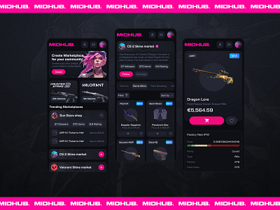 Midhub - Esports Marketplace app competitive cs go dark design esports games gaming mobile mobiledesign pink tournaments ui ux valorant