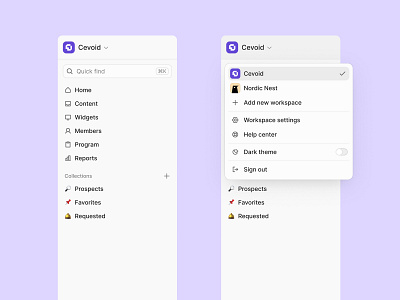 Cevoid Workspace menu branding chart dashboard data design system graph grey icons list logo menu modal modern navigation purple reports saas ui ux white