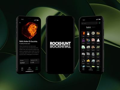 Rockhunt: Rock and Mineral Collecting App! app branding card collecting dark dark theme design educational explore illustration minerals mobile mobile app rocks ui ux