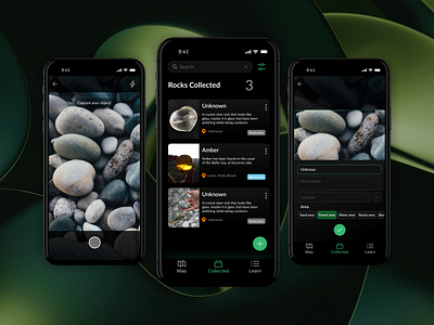 Rockhunt: Rock and Mineral Collecting App! app branding card collect dark dark theme design educate explore learn minerals mobile mobile app rocks travel ui ux