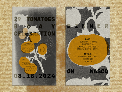 Sungold Summer basil buratta food graphic design illustration invite kitchen menu outdoors party retro summer sungold sungold tomato tomatoes