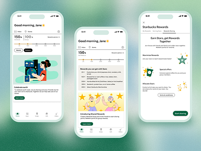 Starbucks Shared Rewards (Concept) blue coffee coffee mobile app coffee shop food industry gold green mobile app new feature point sharing points system product design rewards rewards system starbucks starbucks app stars ui design ux design visual design