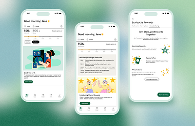 Starbucks Shared Rewards (Concept) blue coffee coffee mobile app coffee shop food industry gold green mobile app new feature point sharing points system product design rewards rewards system starbucks starbucks app stars ui design ux design visual design