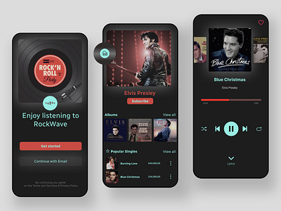 RockWave branding graphic design innovative design modern design music app music experience music lovers music player music streaming rock and roll rock music rockwave spotify alternative ui user interface ux design