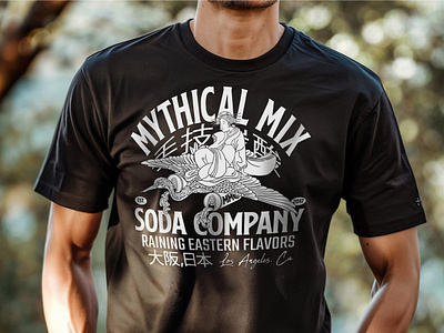 Mythical Mix Soda Co. Crane Bomber T-shirt Design crane geisha soda can