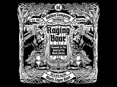 Golden Company Brewing Co. Raging Boar Beer Can Wrap beer beer bottle design beer can wrap blackletter blackwork brewery