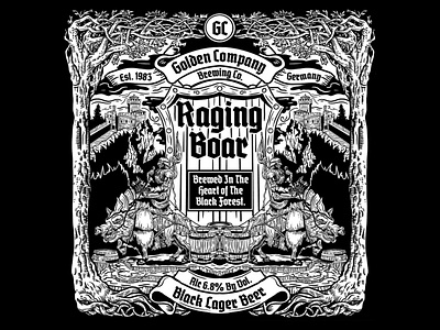 Golden Company Brewing Co. Raging Boar Beer Can Wrap beer beer bottle design beer can wrap blackletter blackwork brewery