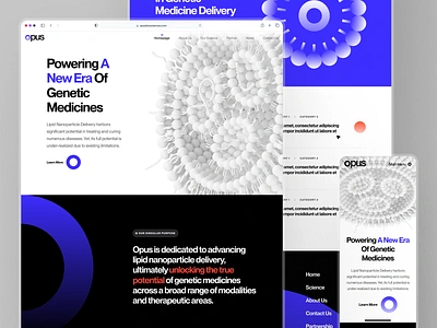 opusbiosciences: AI Lipid Nanoparticle | Biotech Website UIUX 3d biotech biotech landing page biotech ui biotech website blue clean drug discovery gradient landing page minimal modern purple science science illustration therapeutics ultraviolet web design website design white