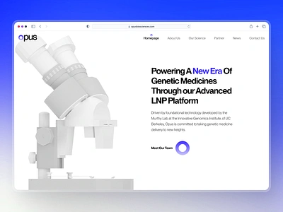 opusbiosciences: AI Lipid Nanoparticle Synthesis | Biotech UIUX 3d biology biotech biotech landing page biotech website clean drug discovery gradient healthcare landing page healthcare website landing page lipid nanoparticle microscope minimal modern purple science landing page therapeutics ultraviolet white