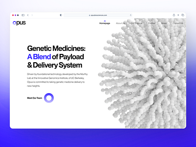 opusbiosciences: AI Lipid Nanoparticle Synthesis | Science Page 3d 3d molecule biology biotech biotech landing page biotech ui biotech web design biotech website clean drug discovery gradient lipid nanoparticle minimal modern purple science science landing page therapeutics ultraviolet white