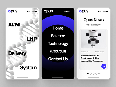 opusbiosciences: AI Lipid Nanoparticle | Mobile Overview #1 UIUX 3d biotech biotech landing page biotech ui biotech web design biotech website clean dna drug discovery lipid nanoparticle main menu minimal modern nanoparticle responsive responsive web design science website therapeutics ultraviolet white