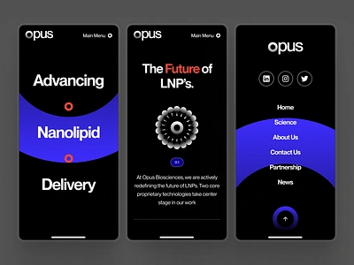 opusbiosciences: AI Lipid Nanoparticle | Technology Mobile UIUX biology biotech biotech landing page biotech web design biotech website clean dark mode dark ui drug discovery minimal mobile molecule nanoparticle purple responsive science soft therapeutics ui ultraviolet