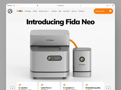 fidabio: Future of Protein Analysis | Biotech Product Page UIUX 3d product 3d render biology biotech biotech landing page biotech web design biotech website clean hero section lipid nanoparticle minimal nanoparticle orange protein protein analysis protein website science science website soft white