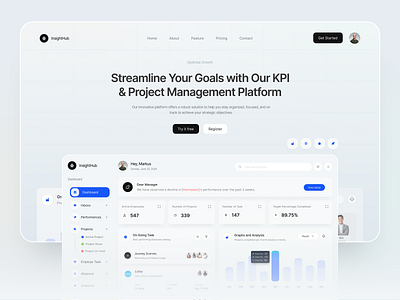 InsightHub - KPI & Project Management Dashboard ai app dashboard employee header kpi management project saas task team ui uiux web app web design website