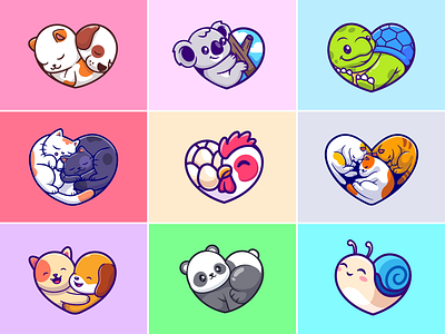 Animals Love Logo❤️🐱🐢🐌 animals branding cat couple cute doodle fauna flat friendship heart hug icon illustration logo love pet shape snail turtle vector