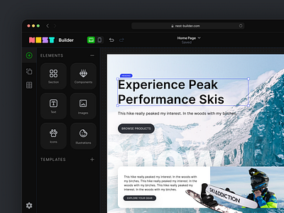 Nest Builder | Web Tools clean dark dark mode dark theme design desktop landing page microsite nest builder no code pc template tokopedia ui uiux web builder web tools website