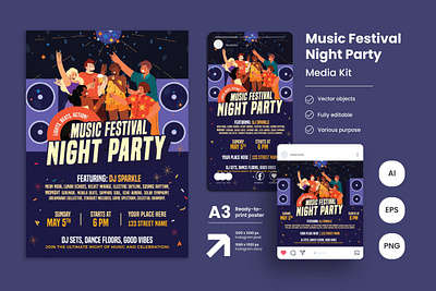 Music festival night party poster branding brochure design flyer graphic design illustration instagram post logo poster social media post typography vector