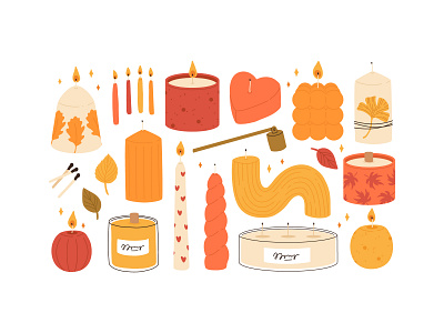 Autumn candles set autumn candles cartoon collection concept cute decor design flat home illustration leaves orange set vector wax