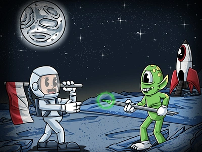 Astronaut Meet Alien alien artwork astronaut cartoon character design galaxy mascot moon outerspace planet rocket rubber hose space ufo