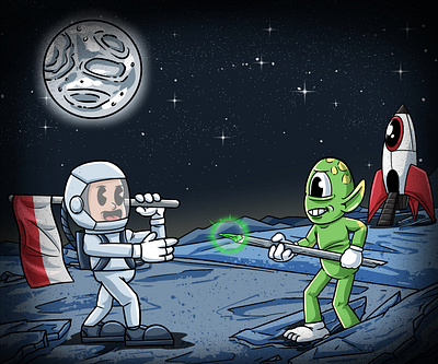 Astronaut Meet Alien alien artwork astronaut cartoon character design galaxy mascot moon outerspace planet rocket rubber hose space ufo